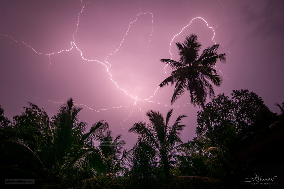 Summer Rain accompanied by spectacular high-sky lightning at night, Kerala